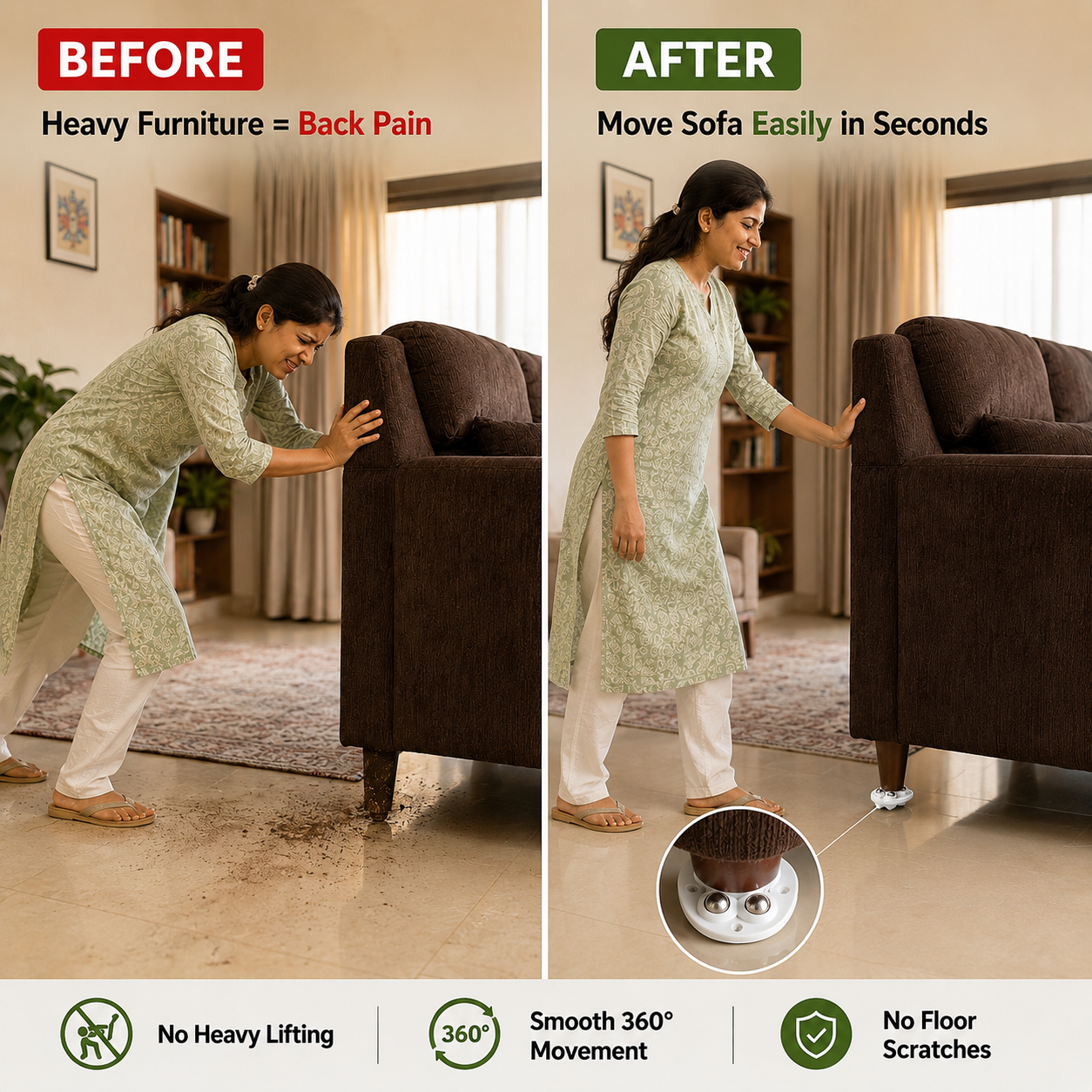 Smart Furniture Moving Wheels — 200KG | No Back Pain!