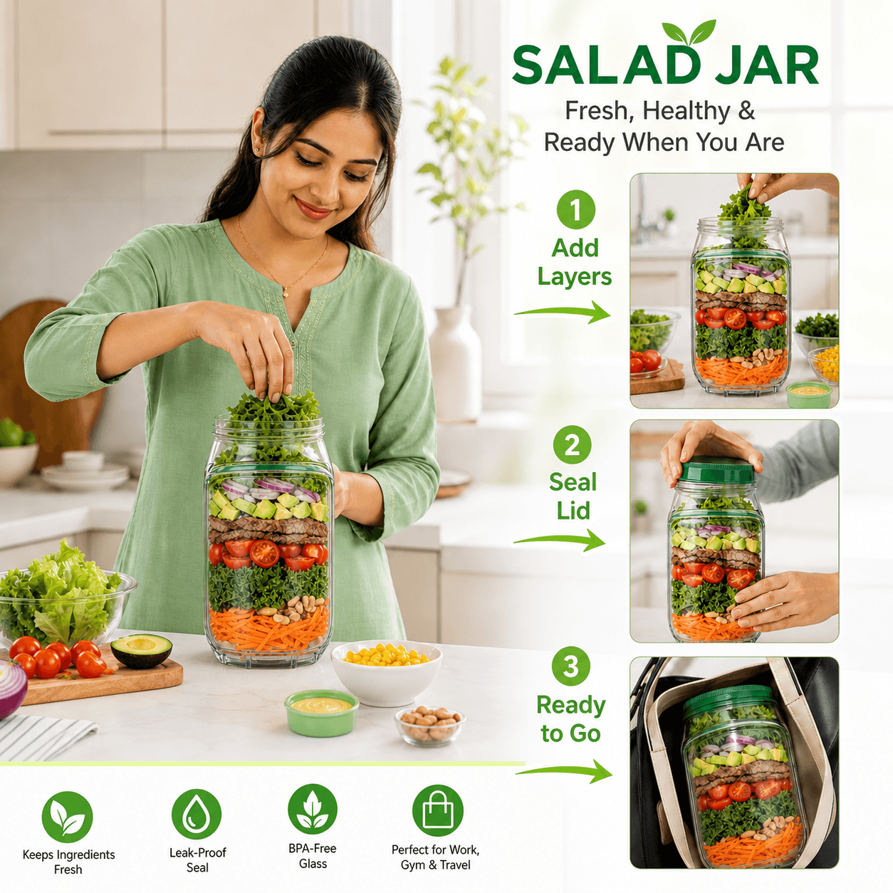 Leak-Proof Salad Jar Container (Fresh Salad Everytime)