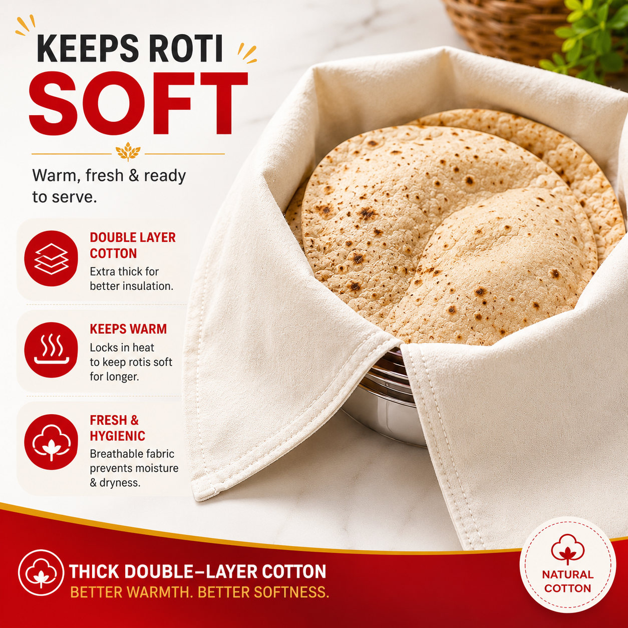 [Pack of 3] Premium Cotton Double Layer Roti Clothes Wrap With Flaps